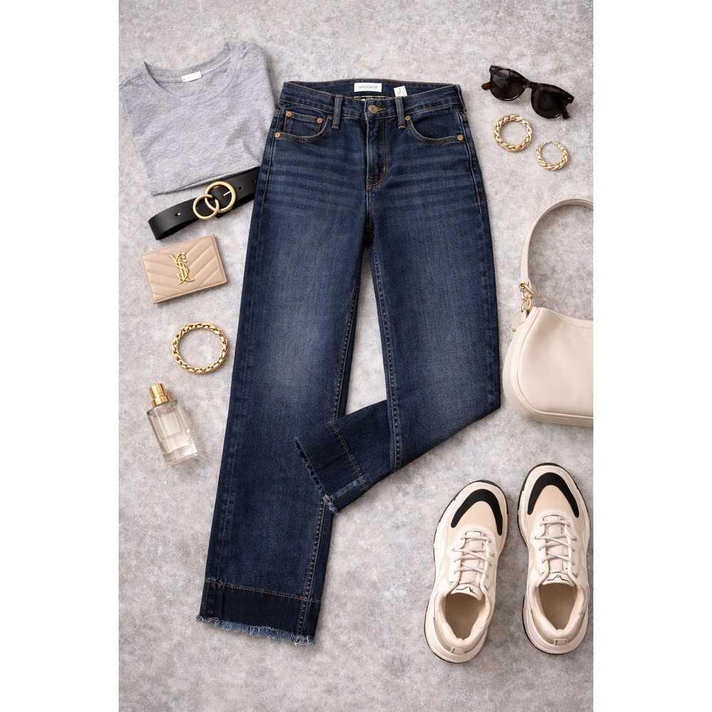 Good American Good Waist Skinny‎ Jeans Dark Wash Raw Shadow Hem  Size 8/29